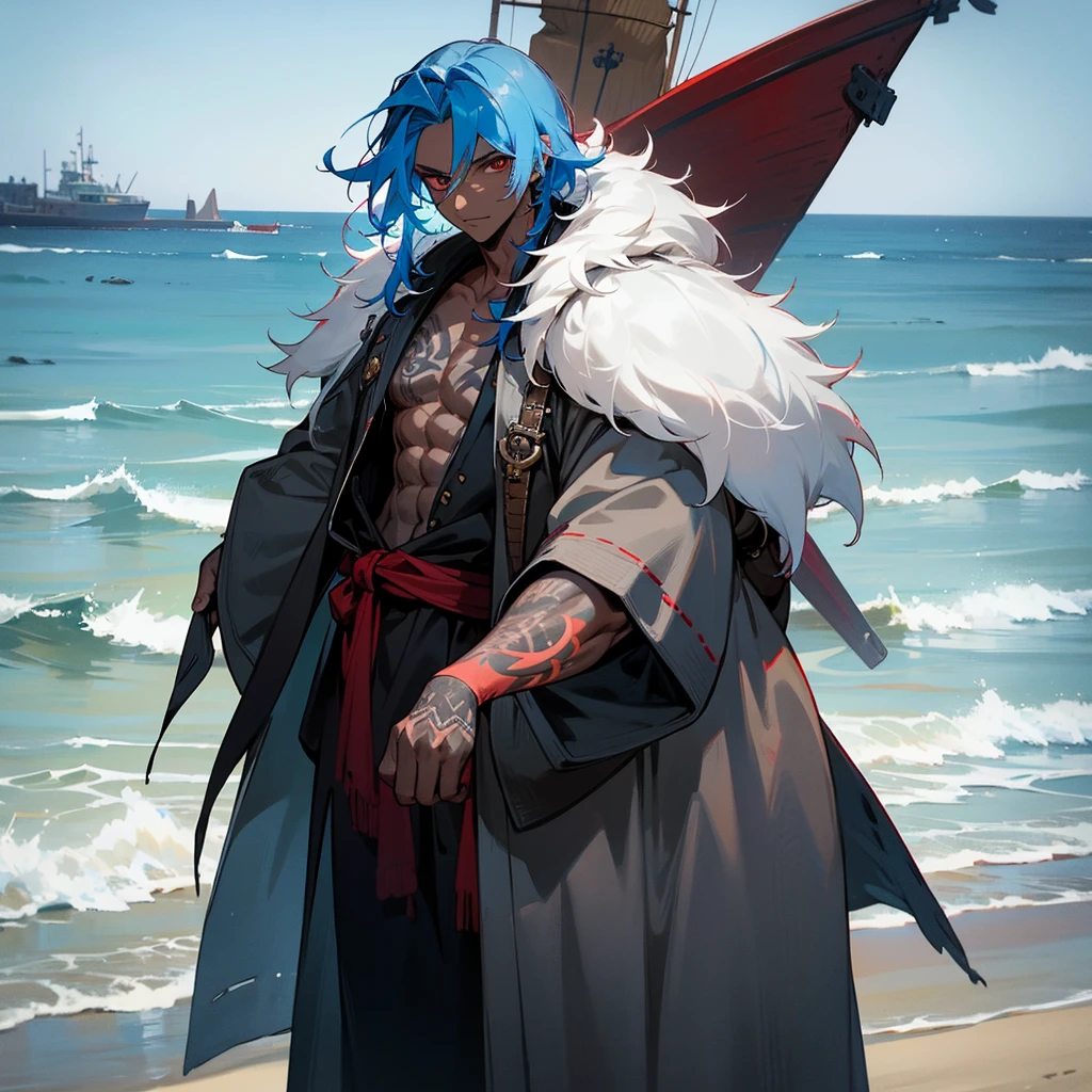1male, young adult, dark skin, finely detailed red eyes, wild medium hair, pale blue hair color, pirate clothing, oversized hood, baggy pants, standing on coast, day time, beach, somber expression, muscular, flowers, tattoos
