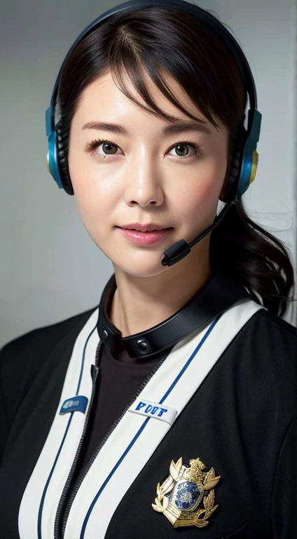Highest image quality, outstanding details, ultra-high resolution, (realism: 1.4), ((full body:0.5)), the best illustration, favor details, highly condensed 1lady, with beautiful and a delicate face, (wearing racing suit likes police uniform, black and gray mecha, wearing high tech headset, military harness, holding a black transceiver), captain, background simple grey wall,holding gun