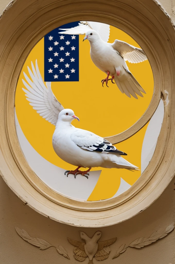 "a flag with a yellow background,with a Bible,and a dove,and the letter A with a circle cut out.