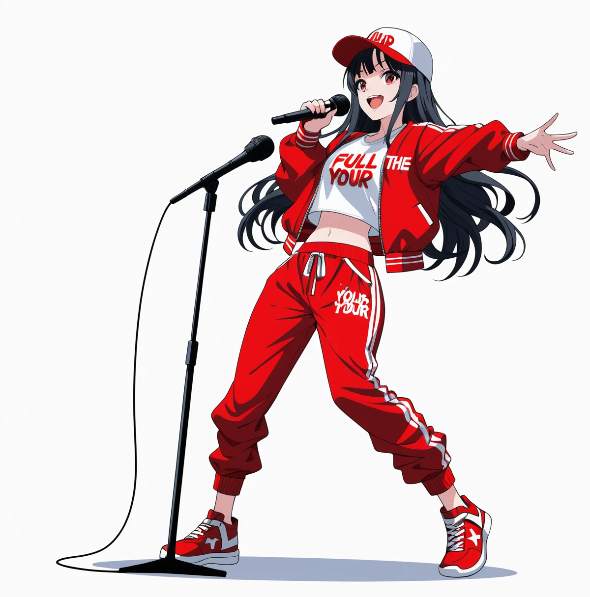 Background white, White background, ((((White background)))), ((((Full body)))), Black Hair, Long Hair, Baseball Cap, Anime Style, beautiful girl, Red eyes, Hip Hop Clothes, Red clothes, Hold the microphone, Dynamic Angle, 4K, 8K, smile, Open your mouth, singing, sexy,