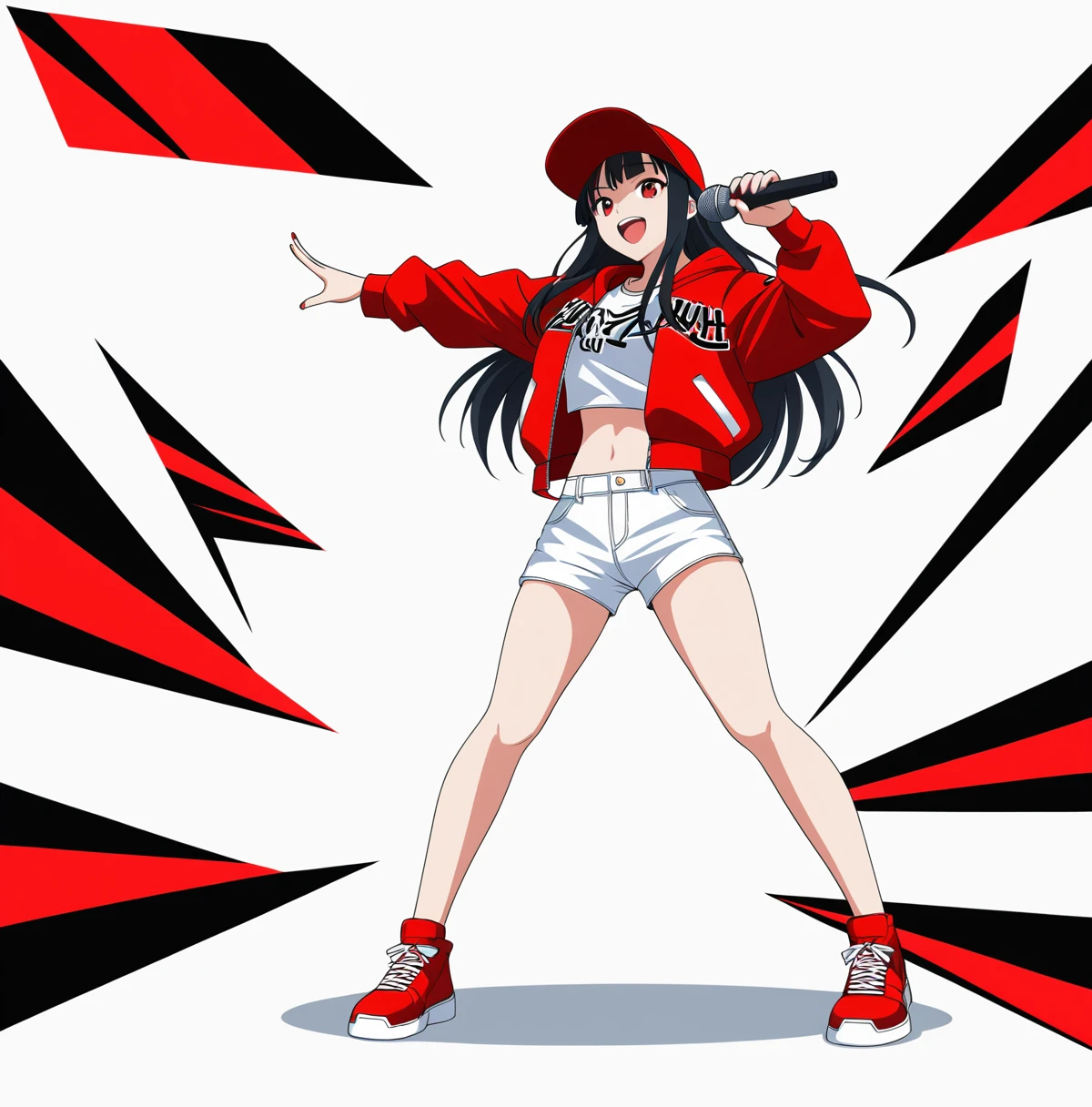 Background white, White background, ((((White background)))), ((((Full body)))), Black Hair, Long Hair, Baseball Cap, Anime Style, beautiful girl, Red eyes, Hip Hop Clothes, Red clothes, Hold the microphone, Dynamic Angle, 4K, 8K, smile, Open your mouth, singing, sexy,