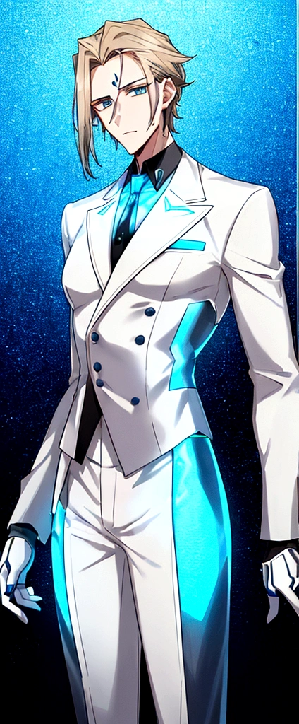 (masculine) (23 years) (a tall, slender young man with a muscular and toned body, His hair is light brown and is messy, covering his forehead., His eyes are blue and his skin is light-skinned..) (robotic body, fitted white suit with neon light blue details) (laboratory background)