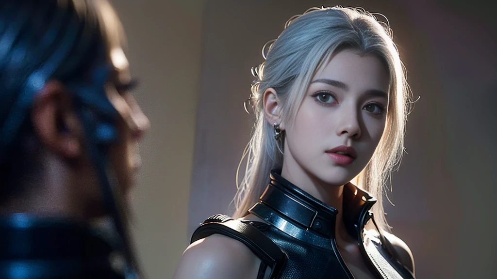 masterpiece,best quality,high resolution,8K,(Portraits:1.5),(R Original Photo),The real situation,Digital Photography,(A fusion of cyberpunk and fantasy),(Policewoman),，Feel free to hairstyle,White hair，Purple Eyes，By Bangs,(red eye breasts, Accessories,shut your mouth,Elegant and charming,Serious and arrogant,Calm and handsome,(Combination of cyberpunk and fantasy style clothing,hollow-carved design,Large Breasts，Photo poses,Realistic style,Gray World Background,oc render reflection texture，futuristic city，Medium distance photography