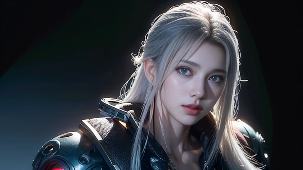 masterpiece,best quality,high resolution,8K,(Portraits:1.5),(R Original Photo),The real situation,Digital Photography,(A fusion of cyberpunk and fantasy),(Policewoman),,Feel free to hairstyle,White hair,Purple Eyes,By Bangs,(red eye breasts, Accessories,shut your mouth,Elegant and charming,Serious and arrogant,Calm and handsome,(Combination of cyberpunk and fantasy style clothing,hollow-carved design,Large Breasts,Photo poses,Realistic style,Gray World Background,oc render reflection texture,futuristic city,Medium distance photography