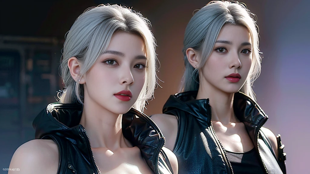 masterpiece,best quality,high resolution,8K,(Portraits:1.5),(R Original Photo),The real situation,Digital Photography,(A fusion of cyberpunk and fantasy),(Policewoman),,Feel free to hairstyle,White hair,Purple Eyes,By Bangs,(red eye breasts, Accessories,shut your mouth,Elegant and charming,Serious and arrogant,Calm and handsome,(Combination of cyberpunk and fantasy style clothing,hollow-carved design,Large Breasts,Photo poses,Realistic style,Gray World Background,oc render reflection texture,futuristic city,Medium distance photography