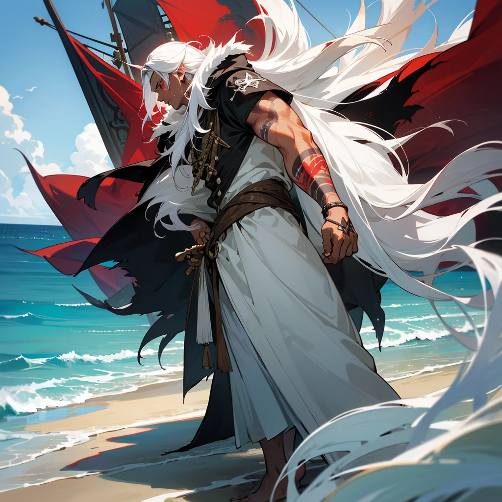 1male, young adult, dark skin, finely detailed red eyes, wild long hair, seashell white hair color, loose pirate clothing, oversized fur hood, standing on coast, day time, beach, somber expression, muscular, flowers, tattoos