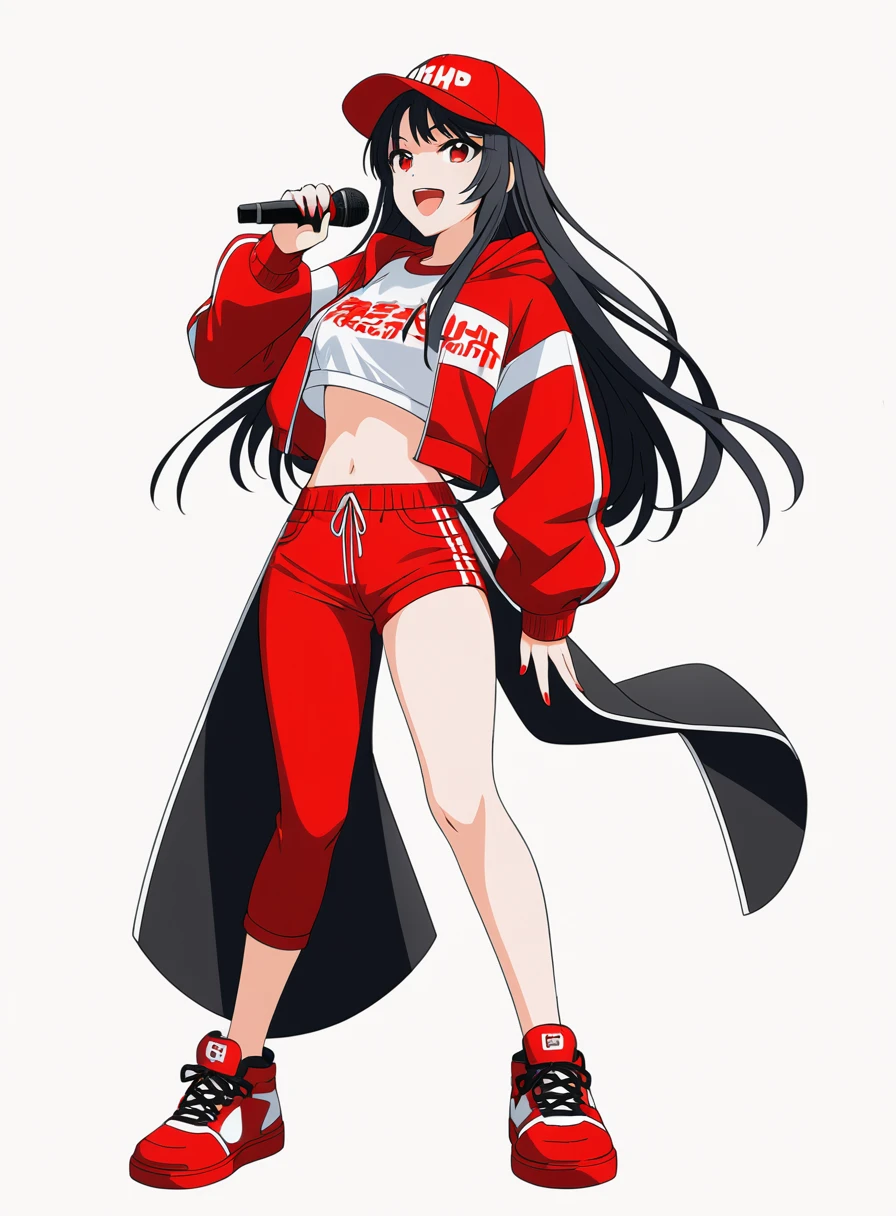 Background white, White background, ((((White background)))), ((((Full body)))), Black Hair, Long Hair, Baseball Cap, Anime Style, beautiful girl, Red eyes, Hip Hop Clothes, Red clothes, Hold the microphone, Dynamic Angle, 4K, 8K, smile, Open your mouth, singing, sexy, 