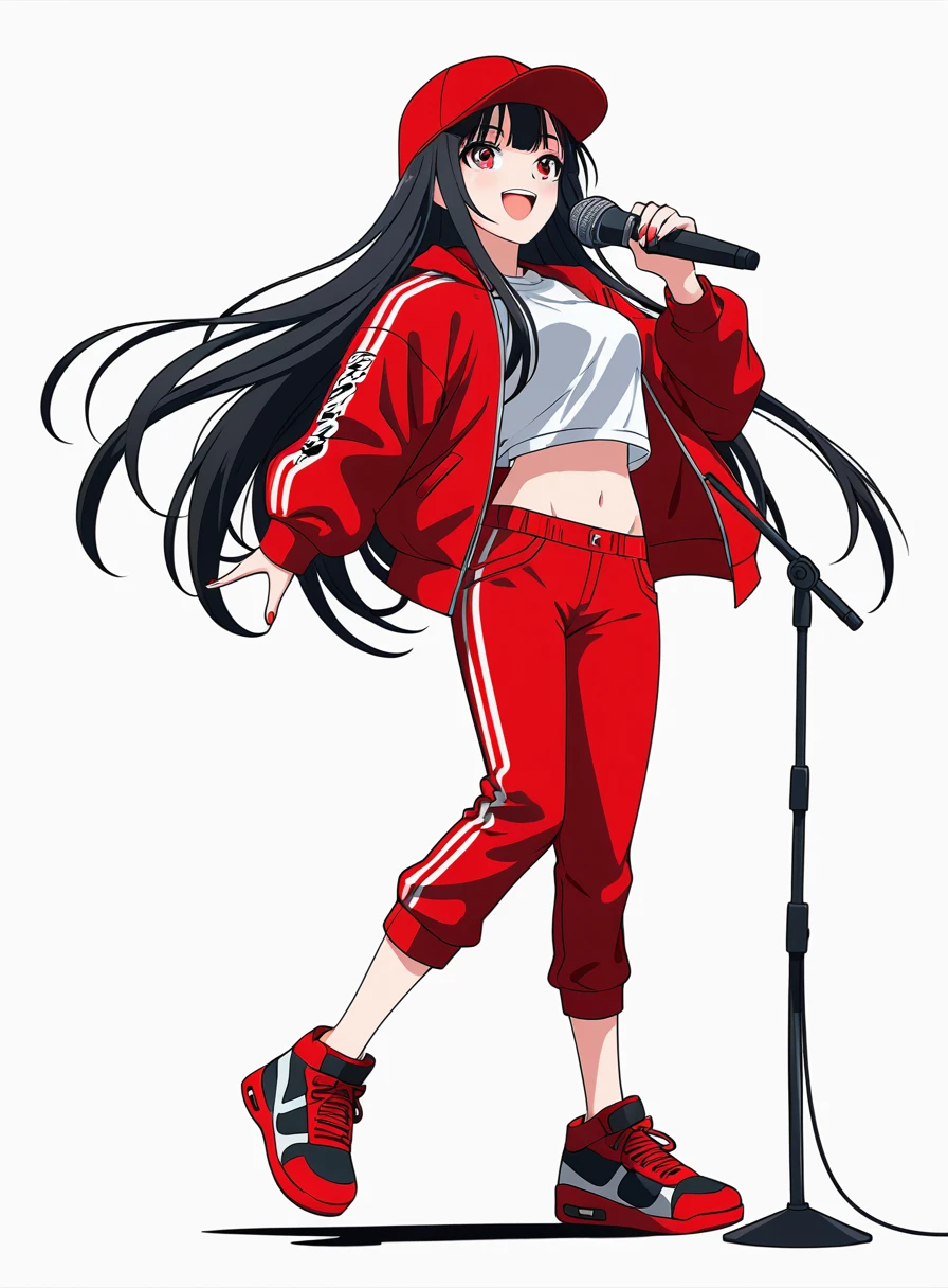 Background white, White background, ((((White background)))), ((((Full body)))), Black Hair, Long Hair, Baseball Cap, Anime Style, beautiful girl, Red eyes, Hip Hop Clothes, Red clothes, Hold the microphone, Dynamic Angle, 4K, 8K, smile, Open your mouth, singing, sexy,
