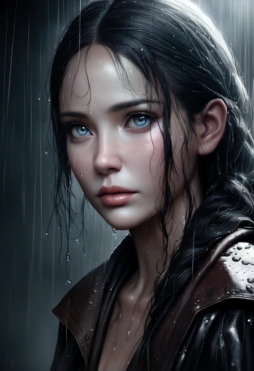 a slim white woman in the rain, detailed female portrait, realistic, photorealistic, 8k, highly detailed face, beautiful detailed eyes, beautiful detailed lips, extremely detailed skin, long eyelashes, detailed clothing, wet hair, water droplets, rain, moody lighting, dramatic shadows, desaturated colors, cinematic, award-winning photography
