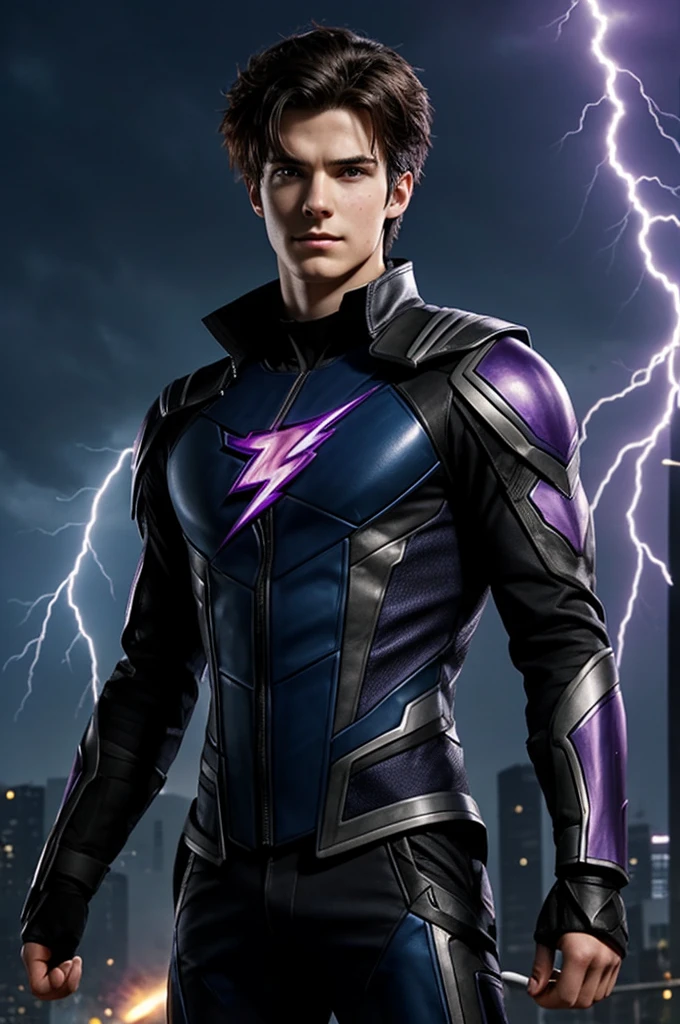 Create a character with these characteristics:
Real name: Ethan Blackwood
Alias: Spectra Shade
Edad: years Height: 1.70 meters Build: Thin and athletic hair: Black and messy eyes: of a deep blue, that glow purple when he uses his powers Distinctive Features: A lightning bolt-shaped scar on his left cheek, memory of the accident that changed his life. anime looking