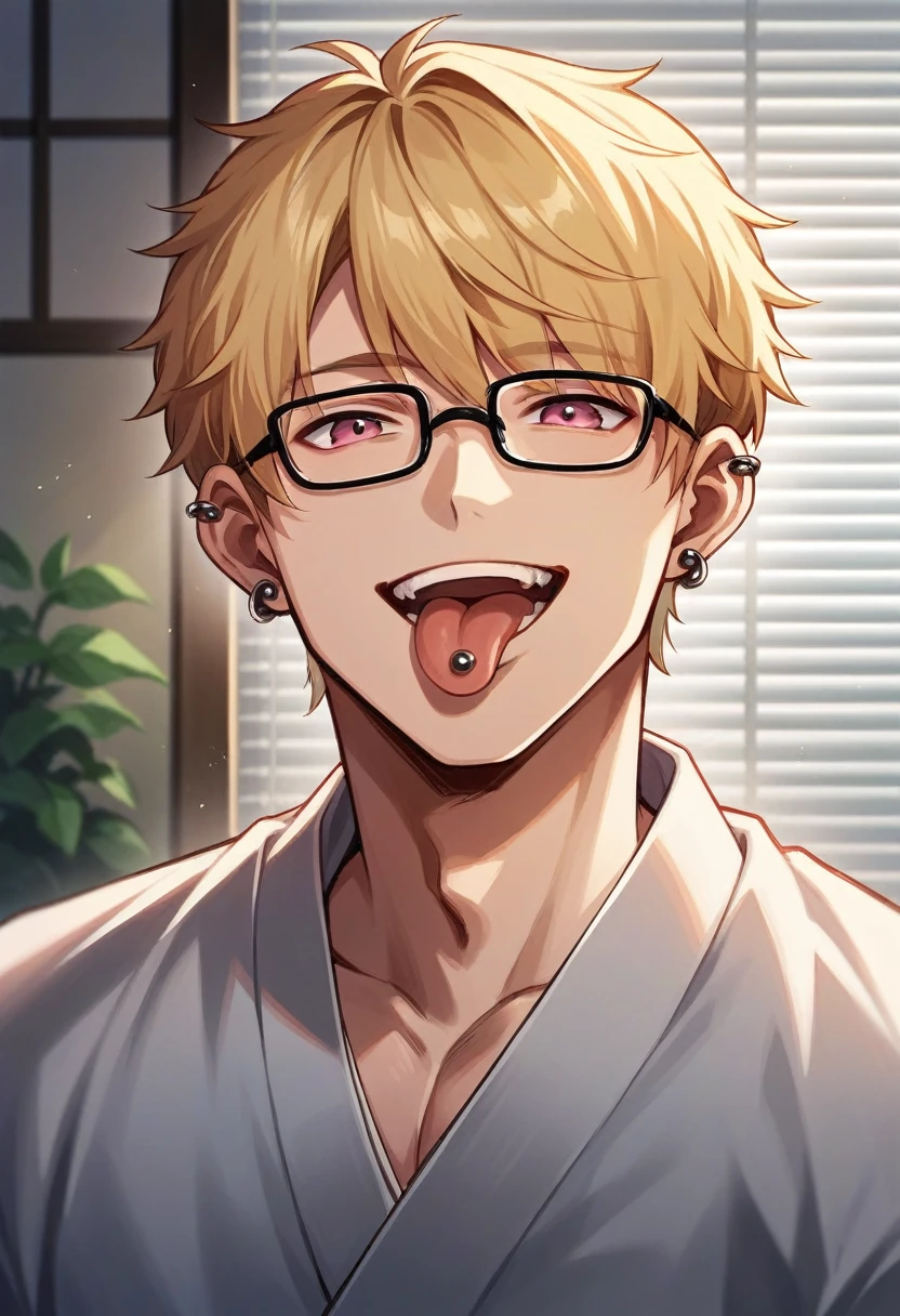 solo, Masculine, looking at viewer, smile, short hair, open mouth, bangs, blonde hair, 1boy, jewelry, upper body, male focus, earrings, japanese clothes, glasses, teeth, tongue, indoors, tongue out, pink eyes, kimono, piercing, ear piercing, portrait, tongue piercing, s Hairdresser,
