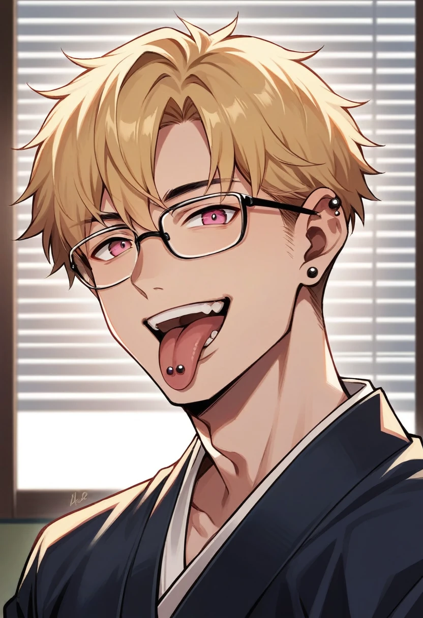 solo, Masculine, looking at viewer, smile, short hair, open mouth, bangs, blonde hair, 1boy, jewelry, upper body, male focus, earrings, japanese clothes, glasses, teeth, tongue, indoors, tongue out, pink eyes, kimono, piercing, ear piercing, portrait, tongue piercing, blinds Hairdresser,