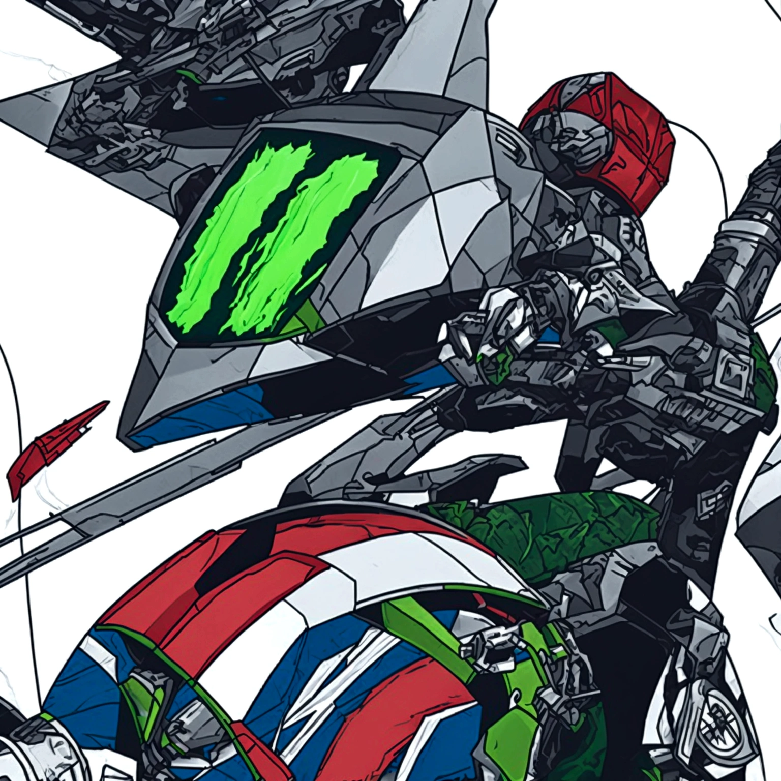 The highest image quality, pending details, ultra-high resolution, (真实感: 1.4), the best illustration, favor details, Highly condensed 1girl, with a delicate and beautiful face, dressed in a black and green mecha, wearing a mecha helmet, holding a directional controller, riding a motorcycle, the background is a high-tech lighting scene of the future city.