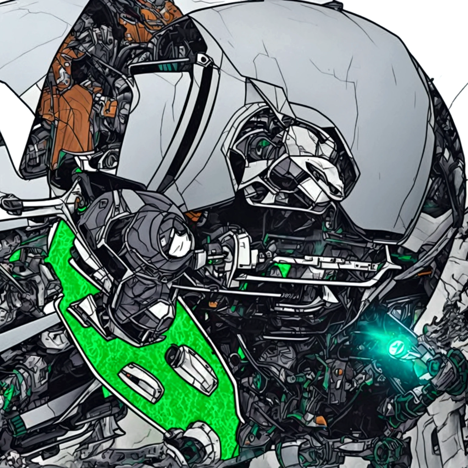 The highest image quality, pending details, ultra-high resolution, (真实感: 1.4), the best illustration, favor details, Highly condensed 1girl, with a delicate and beautiful face, dressed in a black and green mecha, wearing a mecha helmet, holding a directional controller, riding a motorcycle, the background is a high-tech lighting scene of the future city.