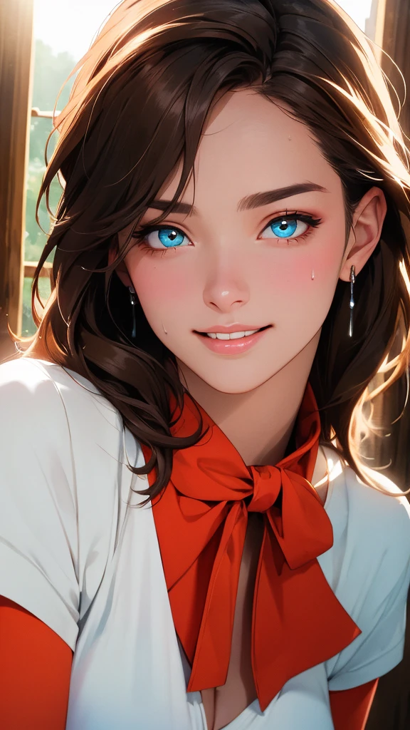 ((((masterpiece, best quality, high resolution)))), Extremely detailed 8K, 1 female, wearing a worn out cowboy outfit, (Ultra HD, Ultra-detailed, Highly detailed, Highly realistic, Ultra-realistic, photograph realistic), (1girl:1.5), (Realistic brown hair), (dynamic poses), facing at camera, looking at viewer, (smiling face), (hazel eyes, sharp eyes), (perky breasts:1.2), (beautiful detailed face, beautiful detailed eyes), sweat, glow, (sunbeam, sunlight), western scene, seductive, EnvyBetterHands LoCon,
