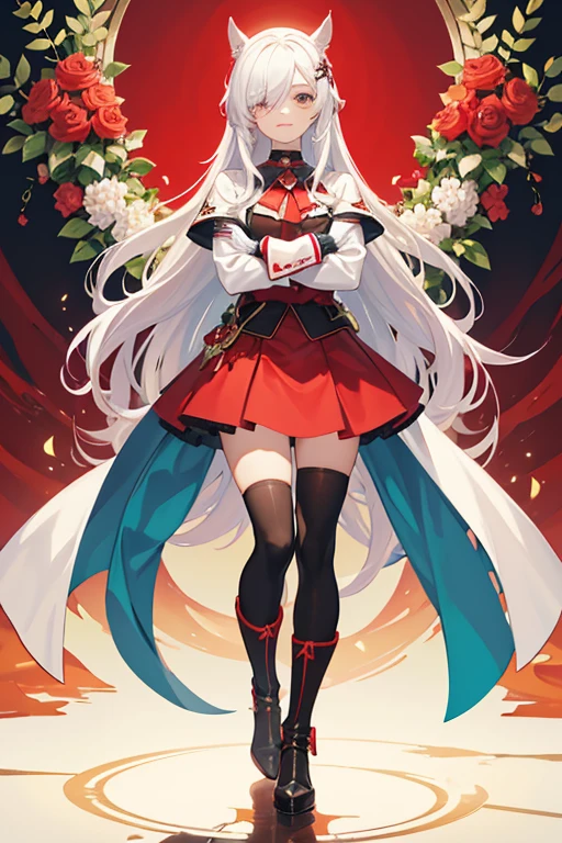 (Best Quality:1.2),Alone,1 girl,MDRIN:,SMILE,looking at the viewer,crossed arms,Horse tail,v shaped eyebrows,White jacket,Red shirt,Gloves without fingers,black skirt,choker,illustration,floral garden background,warm color tones,soft lighting, hair over one eye, ultra long hair, standing on the main summit, long boots