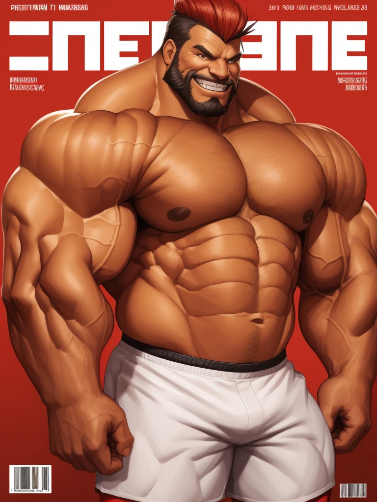 magazine cover. solo, 1boy, perfect anatomy, perfect proportion, smile, grinning, happy. Huge Muscular Old man with mohawk hair ,(white shorts), view from side, pectoral, thick arms, huge pectoral, wide pectoral, gold teeth, red mohawk hair, white beards, simple background, masterpiece, semirealistic:1.2, high detailed, 8k, high resolution, perfect center, full view. ((really big muscle, massive muscular, sixpack, thick arms, wide pectoral, super huge muscle, hyper muscular, over sized muscle, huge arms, big arms, huge pectoral))