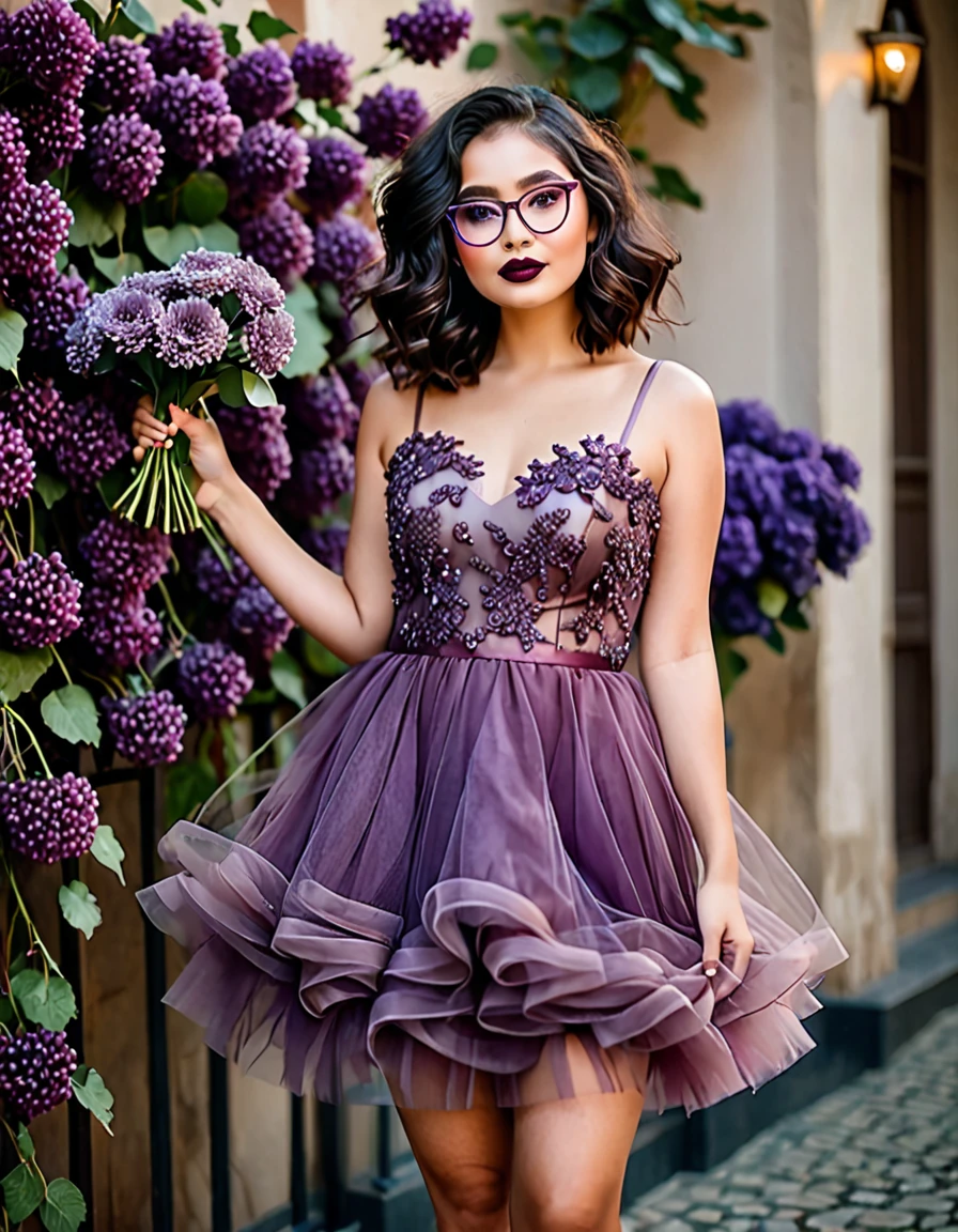 Beautiful girl height 1 ,55 chubby with shoulder length black wavy hair wearing small oval transparent glasses wine lipstick brown eyes wearing a wine tulle dress above the knee with a violet bouquet in her hands