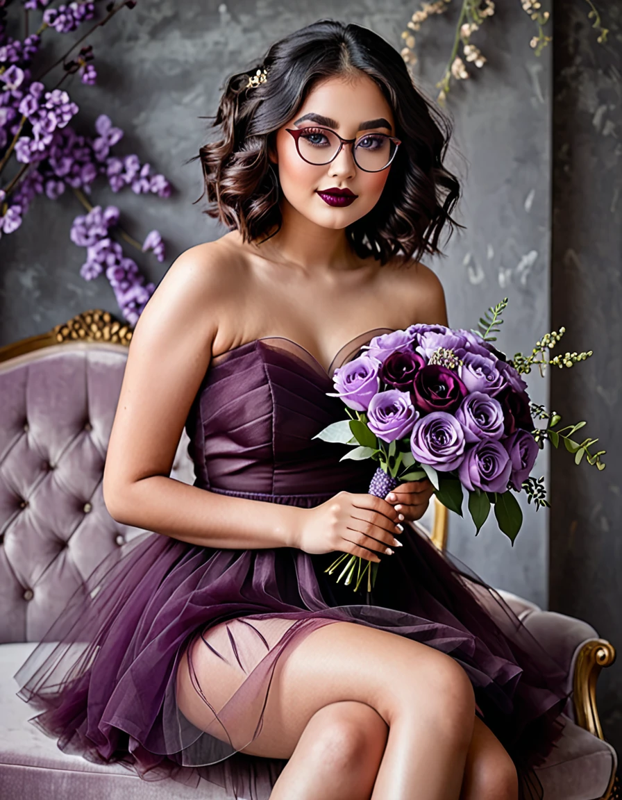 Beautiful girl height 1 ,55 chubby with shoulder length black wavy hair wearing small oval transparent glasses wine lipstick brown eyes wearing a wine tulle dress above the knee with a violet bouquet in her hands