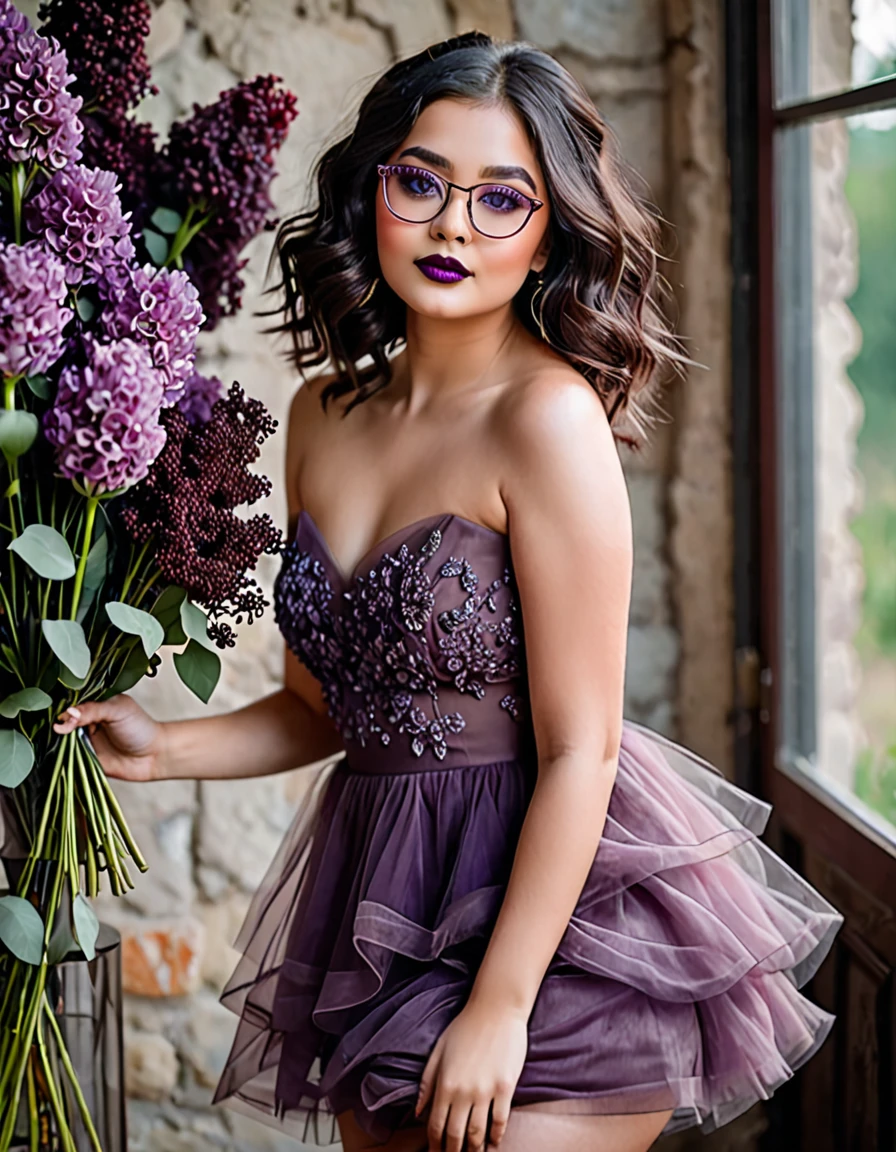 Beautiful girl height 1 ,55 chubby with shoulder length black wavy hair wearing small oval transparent glasses wine lipstick brown eyes wearing a wine tulle dress above the knee with a violet bouquet in her hands