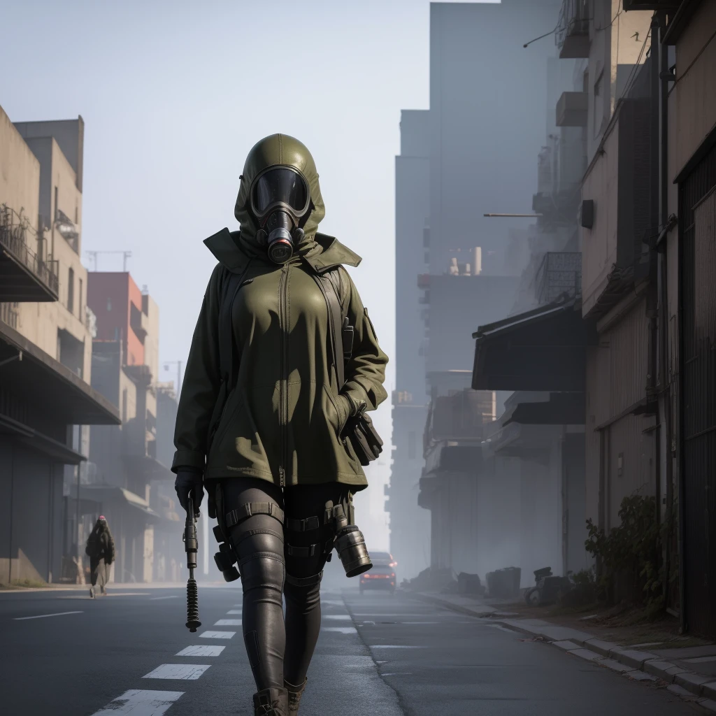 She is walking in middle of a street wearing a gas mask, abandon city with only one Power Nuclear Plant in the distance but there is not other people , a olive green toxic gas is approaching, ultra high quality, 4K, low angle,