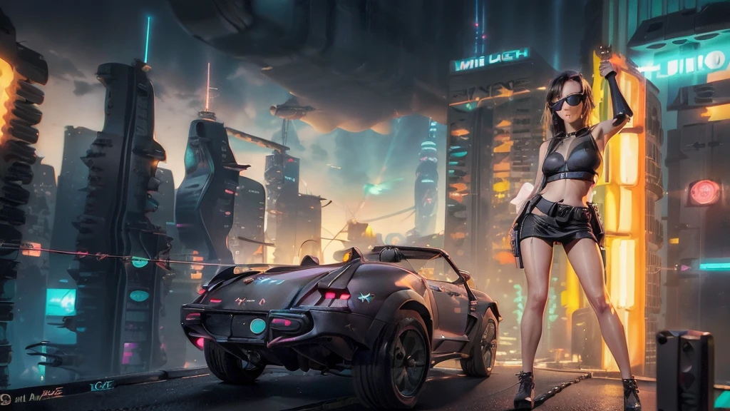 (((aerial view))) of futuristic city, hologram neon buildings, (((futuristic flying cars))) and futuristic cars, Surreal cyberpunk city, in a Future cyberpunk city, 3d rendering Beeple, at night. large-breast photorealistic slim sexy woman, (((breast cleavage))), perfect face, tank top, (((((((miniskirt, black sunglasses, pistol shooting pose))))))), standing, leaning forward, (((((half-body thigh level medium shot))))).