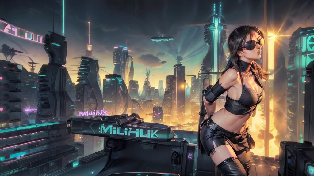 (((aerial view))) of futuristic city, hologram neon buildings, (((futuristic flying cars))) and futuristic cars, Surreal cyberpunk city, in a Future cyberpunk city, 3d rendering Beeple, at night. large-breast photorealistic slim sexy woman, (((breast cleavage))), perfect face, tank top, (((((((miniskirt, black sunglasses, pistol shooting pose))))))), standing, leaning forward, (((((half-body thigh level medium shot))))).