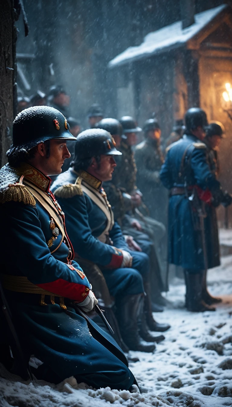 Show Napoleon and his troops waiting in vain for the Russian Tsar to come and negotiate peace.
Depict the weary soldiers huddled together, with snow falling around them.
Use cold and muted colors to convey the harshness of the winter and the disappointment of the failed peace negotiations, background dark, hyper realistic, ultra detailed hyper realistic, photorealistic, Studio Lighting, reflections, dynamic pose, Cinematic, Color Grading, Photography, Shot on 50mm lens, Ultra-Wide Angle, Depth of Field, hyper-detailed, beautifully color, 8k