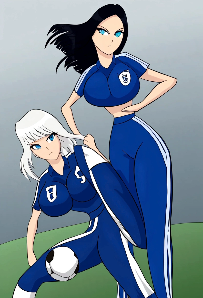 Women,soccer player,clear skin,thin face ,blue eyes,black hair,wide,fringe,white hair strands,standard height,collected in a queue,big breasts,small waist,long legs,France national team uniform,In a soccer field,kicking the ball.