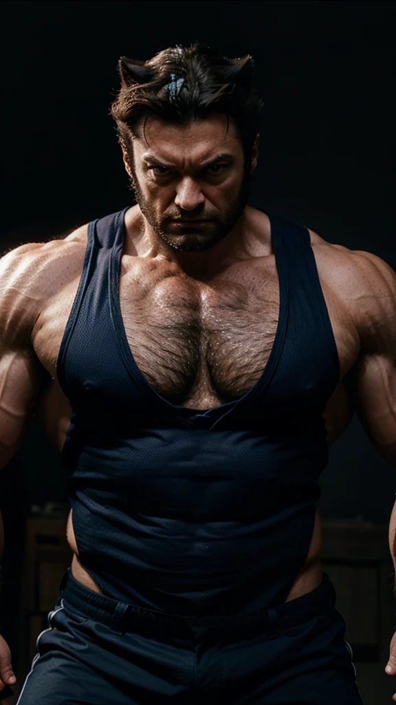 Wolverine big muscles, wearing uniform, with dark background