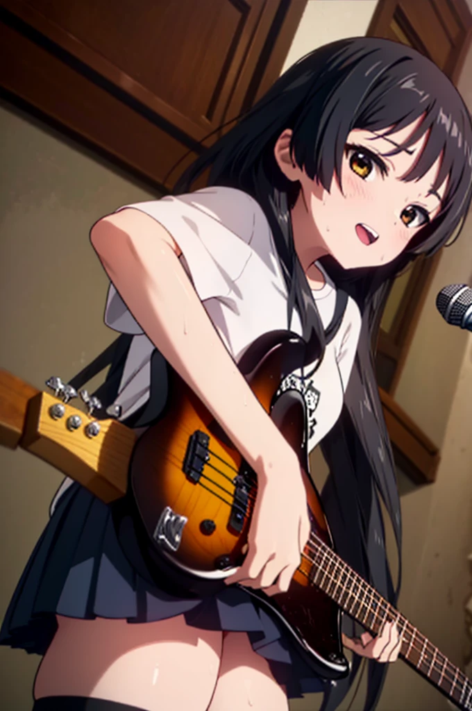 mioakiyama, My Akiyama, Long Hair, bangs, Black Hair, (Iris:1.3), Hime cut,smile,Open your mouth,Wet clothes,Sweat,飛び散ったSweat,Happy atmosphere,Black T-shirt,Short sleeve,Black pleated skirt,Black high socks,Brown loafers,Playing left-handed bass,Stand microphone,Stand microphoneの前で左手用ベースを弾きながら歌っている,whole bodyがイラストに入るように,
break indoors, live house,
break looking at viewer, whole body,
break (masterpiece:1.2), Highest quality, High resolution, unity 8k wallpaper, (figure:0.8), (Beautiful attention to detail:1.6), Highly detailed face, Perfect lighting, Highly detailed CG, (Perfect hands, Perfect Anatomy),