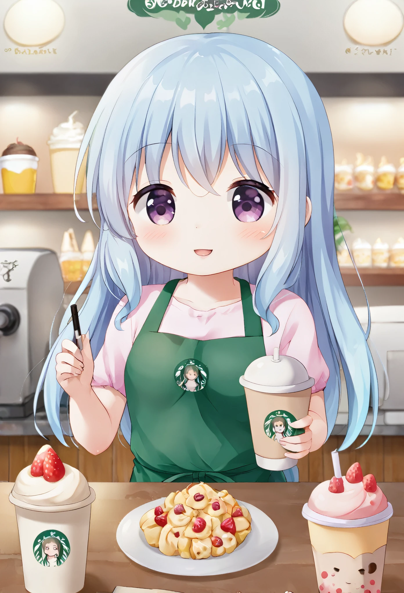 アニメのちびキャラ drinking starbucks coffee with a straw in her hand, A lively Starbucks interior、Light blue long hair、Twin-tailed anime chibi character、A cute anime chibi character with a bright smile,  (Anime Girls), Cute girl anime visuals, Mysterious Coffee Shop Girl, young Anime Girls, Beautiful anime art style, Anime illustration, beautiful Anime Girls, Drink strawberry iced latte