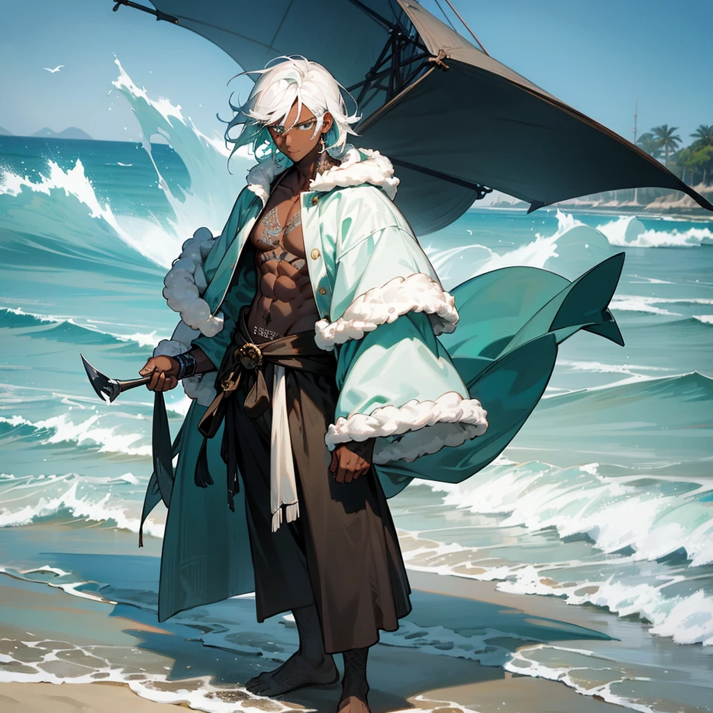 1male, young adult, dark skin, finely detailed aqua eyes, wild medium hair, seashell white hair color, loose pirate clothing, oversized fur hood, standing on coast, day time, beach, somber expression, muscular, flowers, tattoos