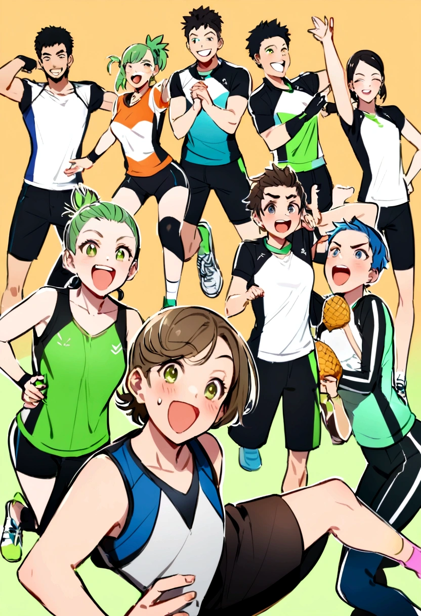 Group of five happy and energetic pineapples, dressed in sportswear of different colors and styles. Some pineapples are boys and some are girls., all with enthusiastic expressions and active postures, as if they are ready to exercise or play a sport."