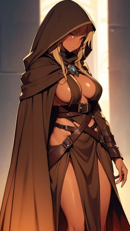 (tanned elf girl:1.2), (long hair), (solo:1.2), (gradient brown background:1.2), (cloak hooded belts:1.2), (dagger:1.0), (clothed breasts:1.2)