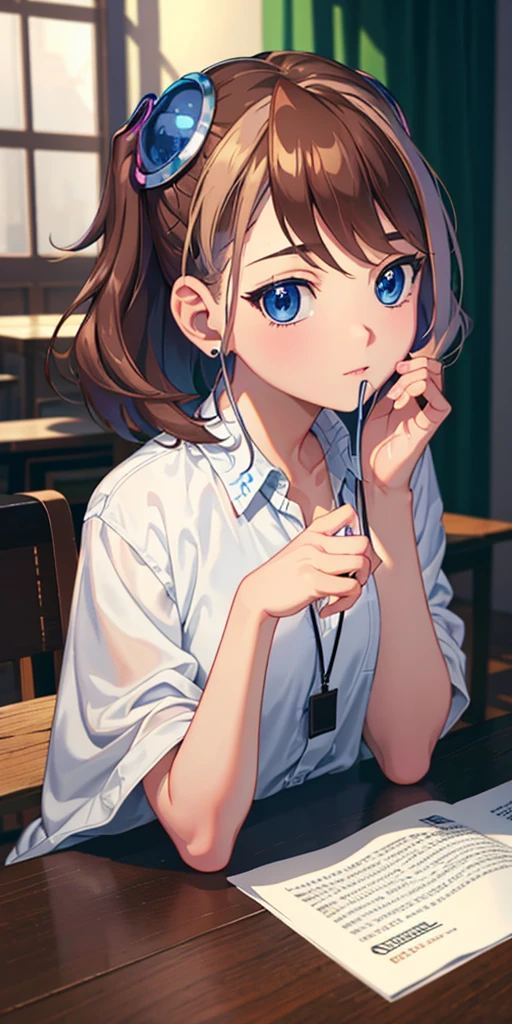 On the table, best quality, (Very detailed CG Unity 8k wallpaper) (best quality), (Best Illustration Award), (Best shadow), future Nakano, future, Brown hair, blue eyes, earphone, , indoors, Beautiful and delicate eyes