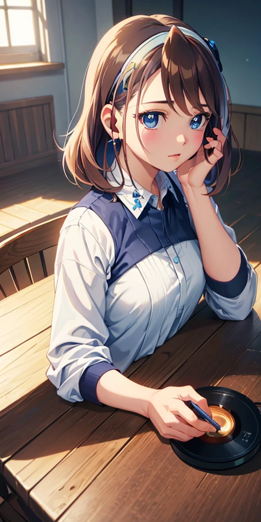 On the table, best quality, (Very detailed CG Unity 8k wallpaper) (best quality), (Best Illustration Award), (Best shadow), future Nakano, future, Brown hair, blue eyes, earphone, , indoors, Beautiful and delicate eyes