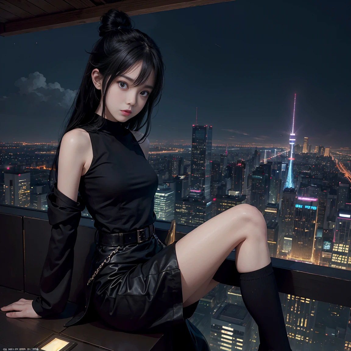 a girl wearing black top sitting on a skyscraper edge, by studio ghibli, city scenery, detailed illustration, official art, in the style of kawacy, graceful movement, nocturne, composed, hd wallpapers