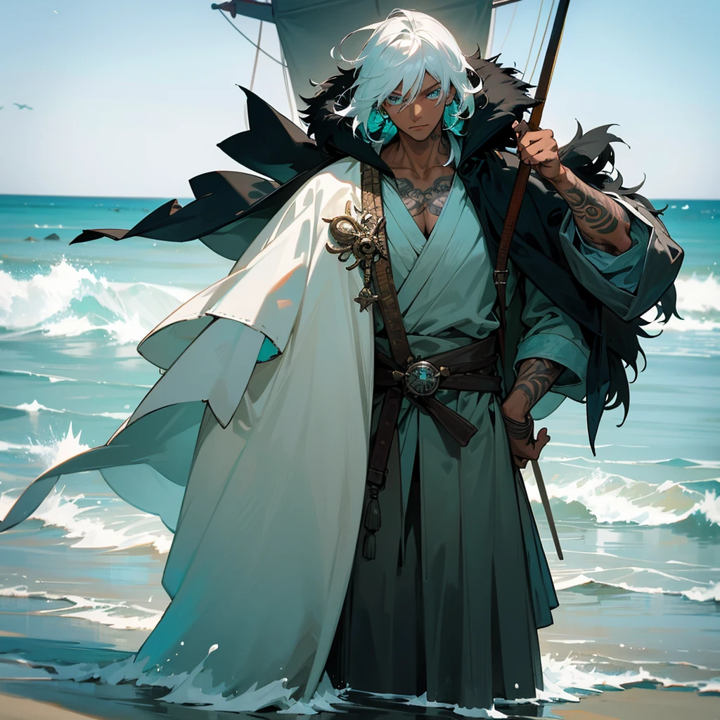 1male, young adult, dark skin, finely detailed aqua eyes, wild medium hair, seashell white hair color, loose pirate clothing, oversized fur hood, standing on coast, day time, beach, somber expression, muscular, flowers, tattoos