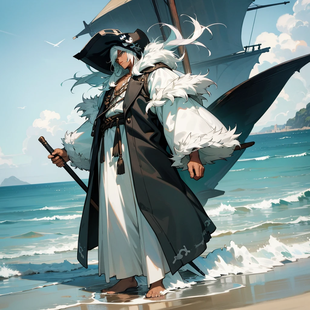 1male, young adult, dark skin, finely detailed aqua eyes, wild medium hair, seashell white hair color, loose pirate clothing, oversized fur hood, standing on coast, day time, beach, somber expression, muscular, flowers, tattoos