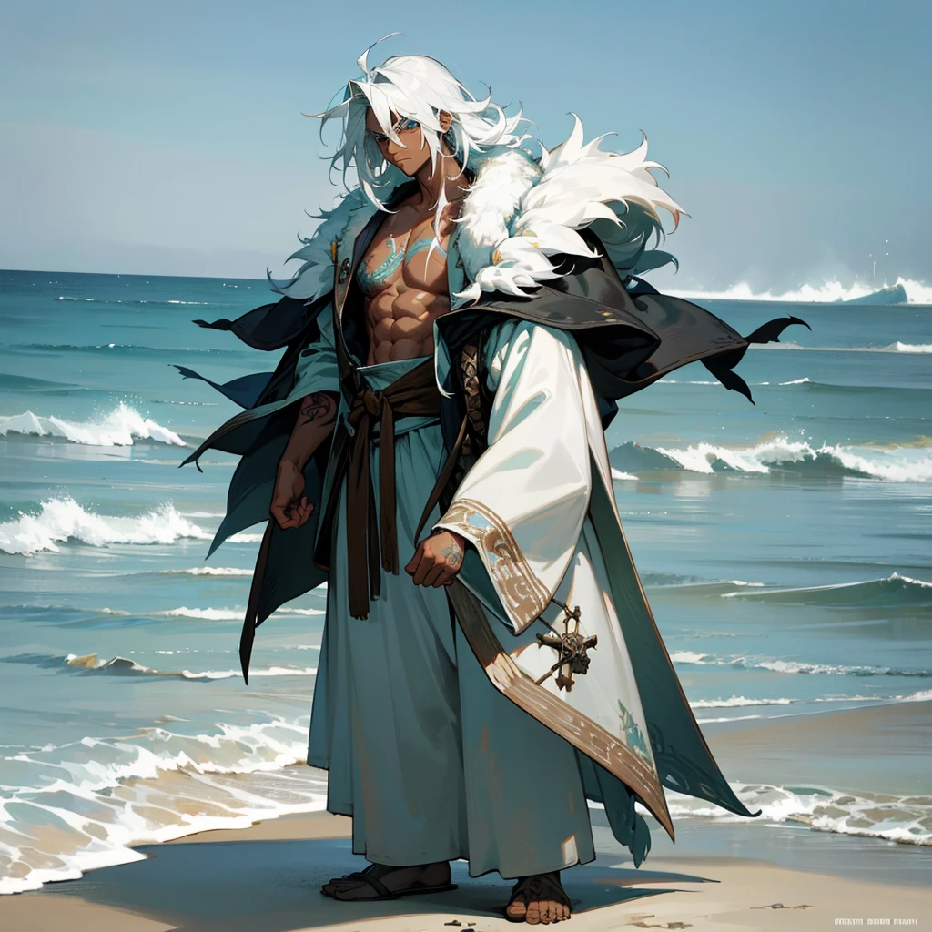 1male, young adult, dark skin, finely detailed aqua eyes, wild medium hair, seashell white hair color, loose pirate clothing, oversized fur hood, standing on coast, day time, beach, somber expression, muscular, flowers, tattoos