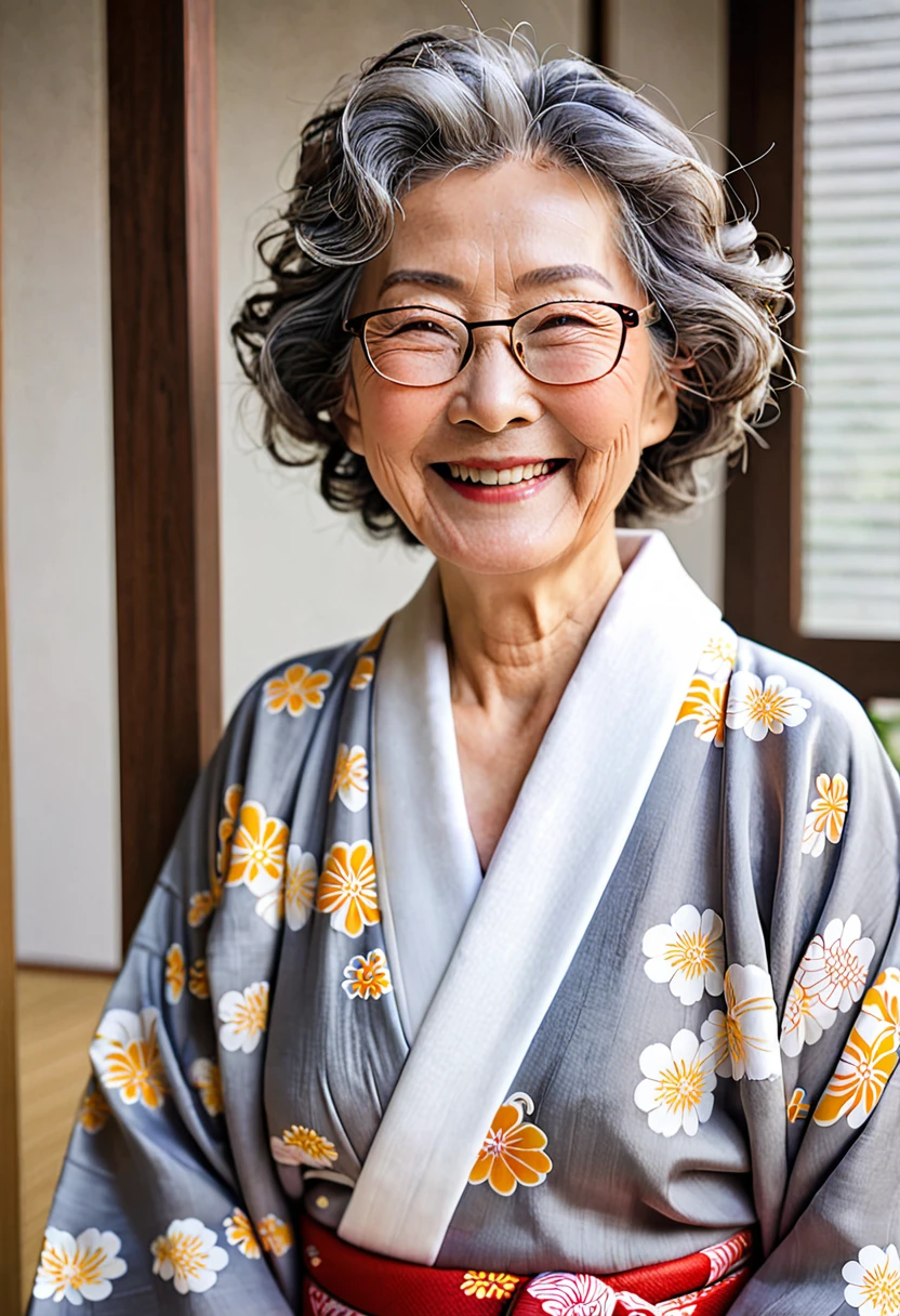 old woman,Japanese,Wrinkle,smile,Plain Kimono,Gray Hair,Perm,Light makeup,Break,Glasses