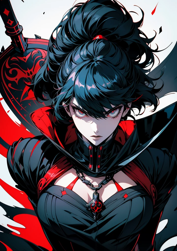 Close-up of a person with a sword and a dress, Works inspired by Kano Hogai, Inspired by Ryuko Kawabata, Persona 5 Phantom Thief Style, Dark high contrast concept art, Inspired by Ryukosai Jokei, Full body concept, Persona 5 Art Style, Goth Ninja, Benedic Bana