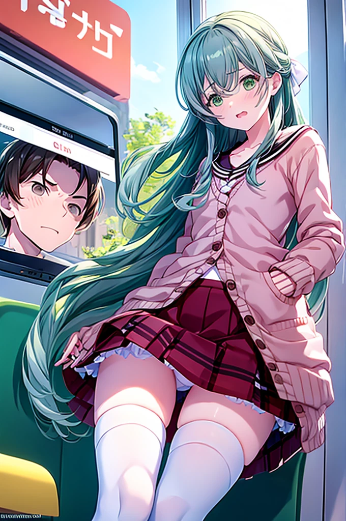 on the train、Girl hanging on to a strap、(1 male, 1 female)、(A girl with her hand in her skirt)、(Ugly middle-aged man)、Girl with surprised face、Blushing girl、Girl looking down、White panties