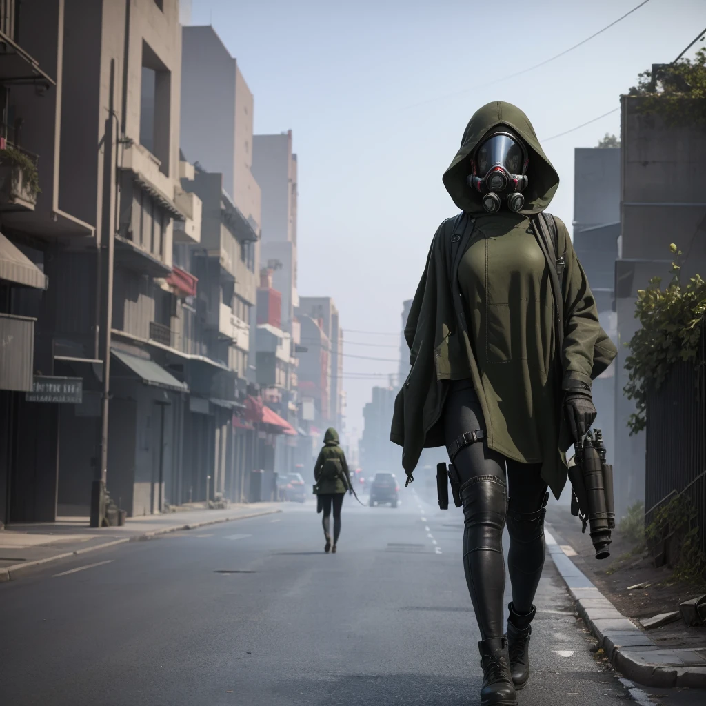 She is walking in middle of a street wearing a gas mask, abandon city with only one Power Nuclear Plant in the distance but there is not other people , a olive green toxic gas is approaching, ultra high quality, 4K, low angle,