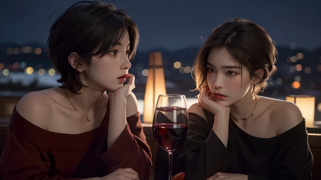 Best quality, masterpiece, ultra high res, (photorealistic:1.5), raw photo, 1girl, offshoulder, in the dark, deep shadow, low key, cold light, sexy look, short hair、Drinking wine at a restaurant with a beautiful night view