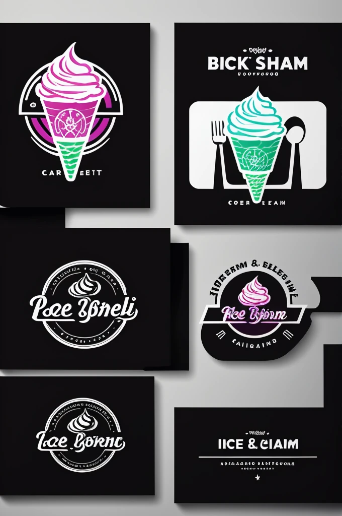 Logos for an ice cream business with a black background and phosphorescent colors