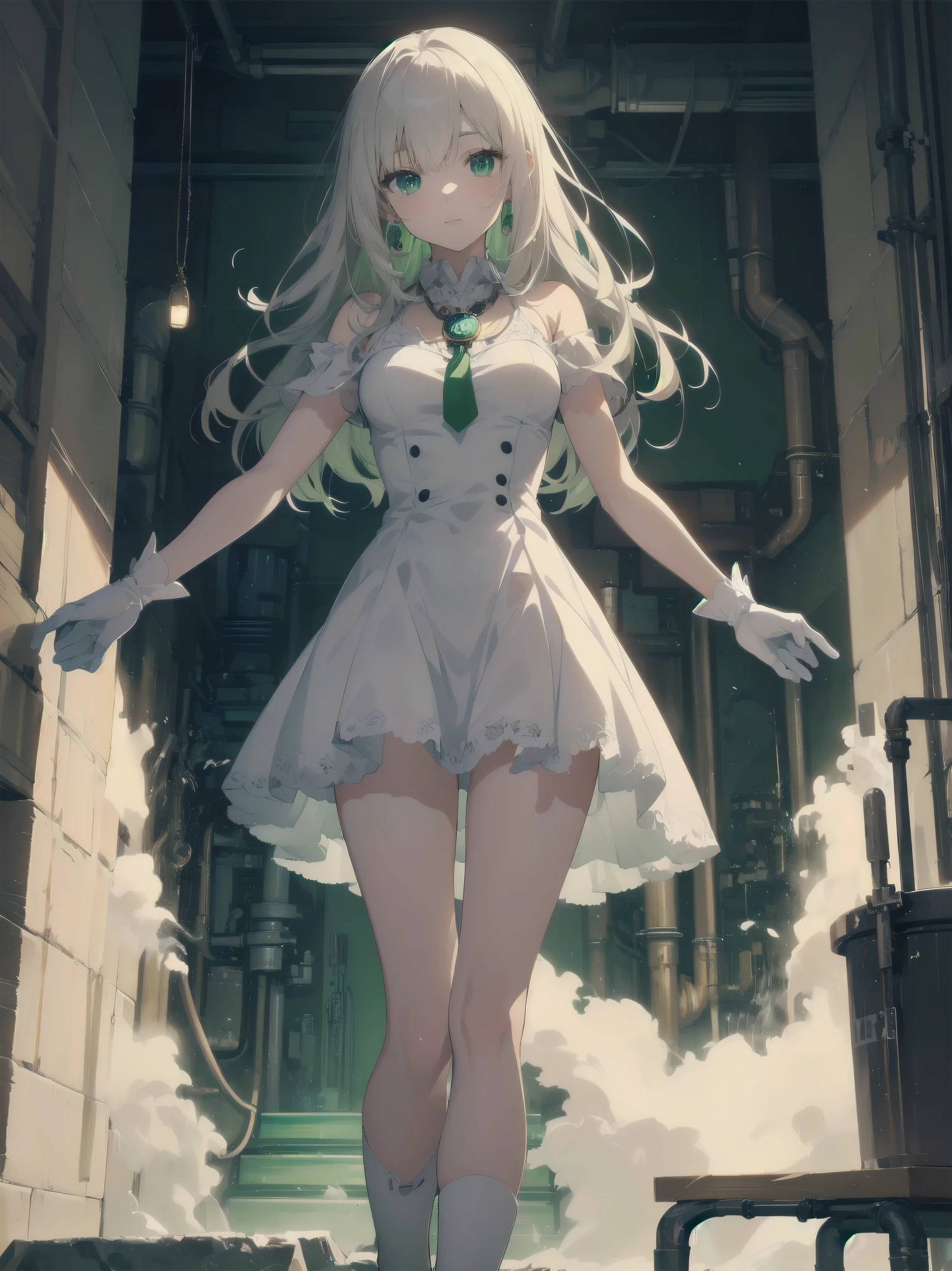 (masterpiece:1.2), (Highest quality:1.2), Ultra-high resolution, Very detailed, break, ((Anime girl standing with a pocket watch in her hand)), Surreal Girl, (1 person,Lolita,boyish, , 13 years old:1.3), A light smile, , The charm of androgyny, Long Hair, ((Platinum Hair)), Messy Hair, small and soft breasts,Slender body, Small Ass, Small green eyes,Fine and beautiful eyes, Well-proportioned iris and pupil, Expressive eyes, Beautiful and detailed lips, High resolution detailed hair, Perfect Eyes, Perfect Face, ultra high density skin, Full Finger, Perfect lighting, break, ((Light green necklace)), ((White Dress:1.3)), light green tie, Sparkling Sapphire, Lady, Wear white gloves, break, (steampunk), Castle balcony, Skyscraper, Night view, Equipment, pipe, (Steam spewing out from pipes:1.2), Fantasy, break, ((Positive:1.3)), break, Digital anime art,Anime style illustrations,Anime illustration