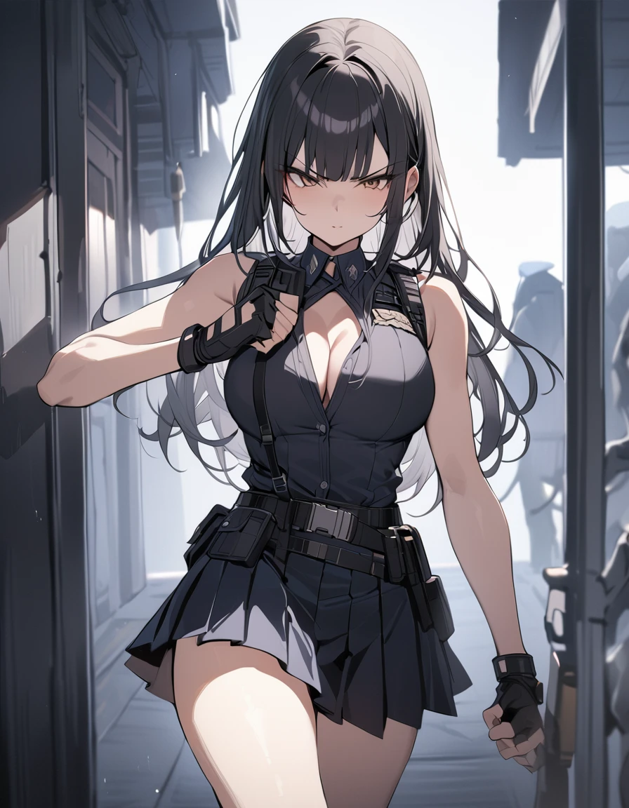 ((Highest quality)), ((masterpiece)), (detailed),cowboy shot , Female police officer.One girl, Black sleeveless blouse with open neckline,White inner shirt,Long Hair　Blunt bangs　black pleated mini skirt　black fingerless gloves　V-shaped eyebrows　Combat Stance