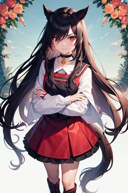 (Best Quality:1.2),Alone,1 girl,MDRIN:,SMILE,looking at the viewer,crossed arms,Horse tail,v shaped eyebrows,White jacket,Red shirt,Gloves without fingers,black skirt,choker,illustration,floral garden background,warm color tones,soft lighting, hair over one eye, ultra long hair, standing on the main summit, long boots